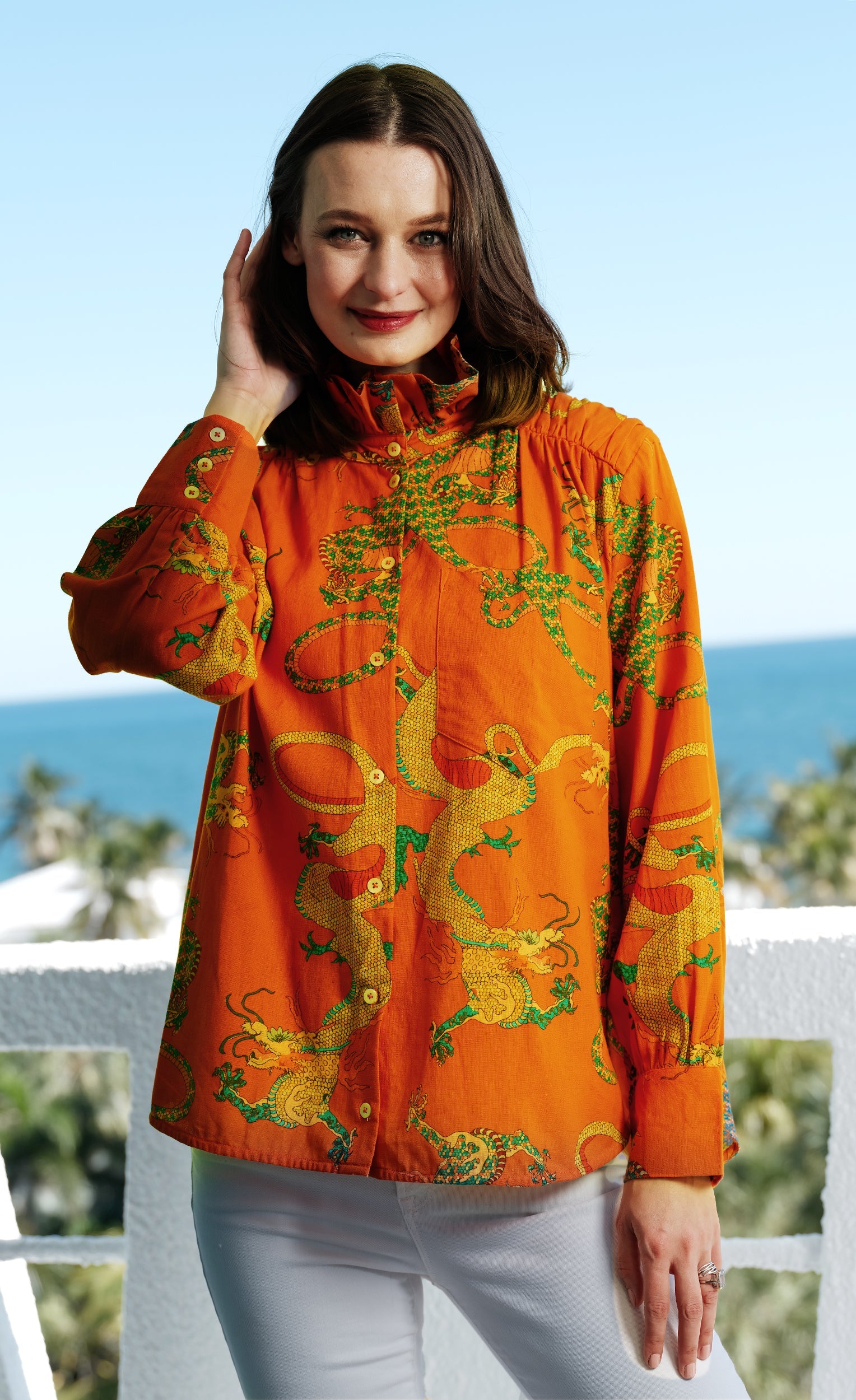 Sun Valley Oversized Shirt with Ruffle Collar Orange Dragon Print Cotton Linen - Glamourous Grace