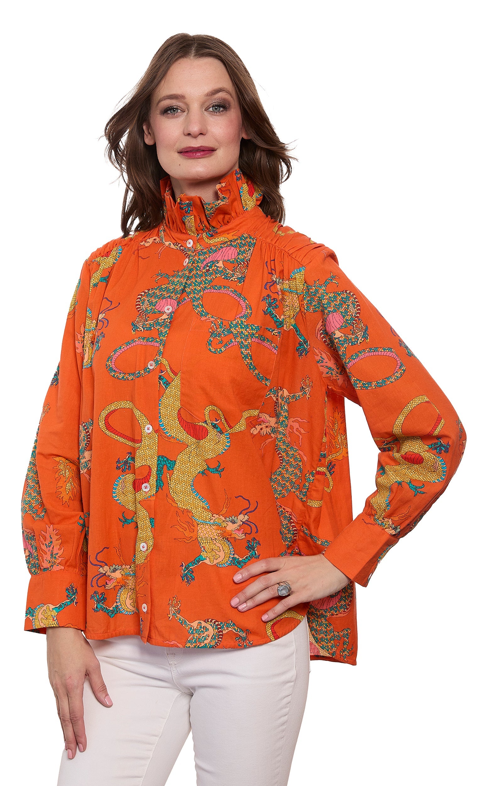 Sun Valley Oversized Shirt with Ruffle Collar Orange Dragon Print Cotton Linen - Glamourous Grace