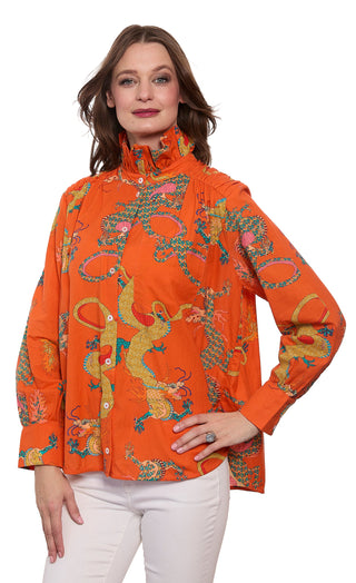 Sun Valley Oversized Shirt with Ruffle Collar Orange Dragon Print Cotton Linen - Glamourous Grace