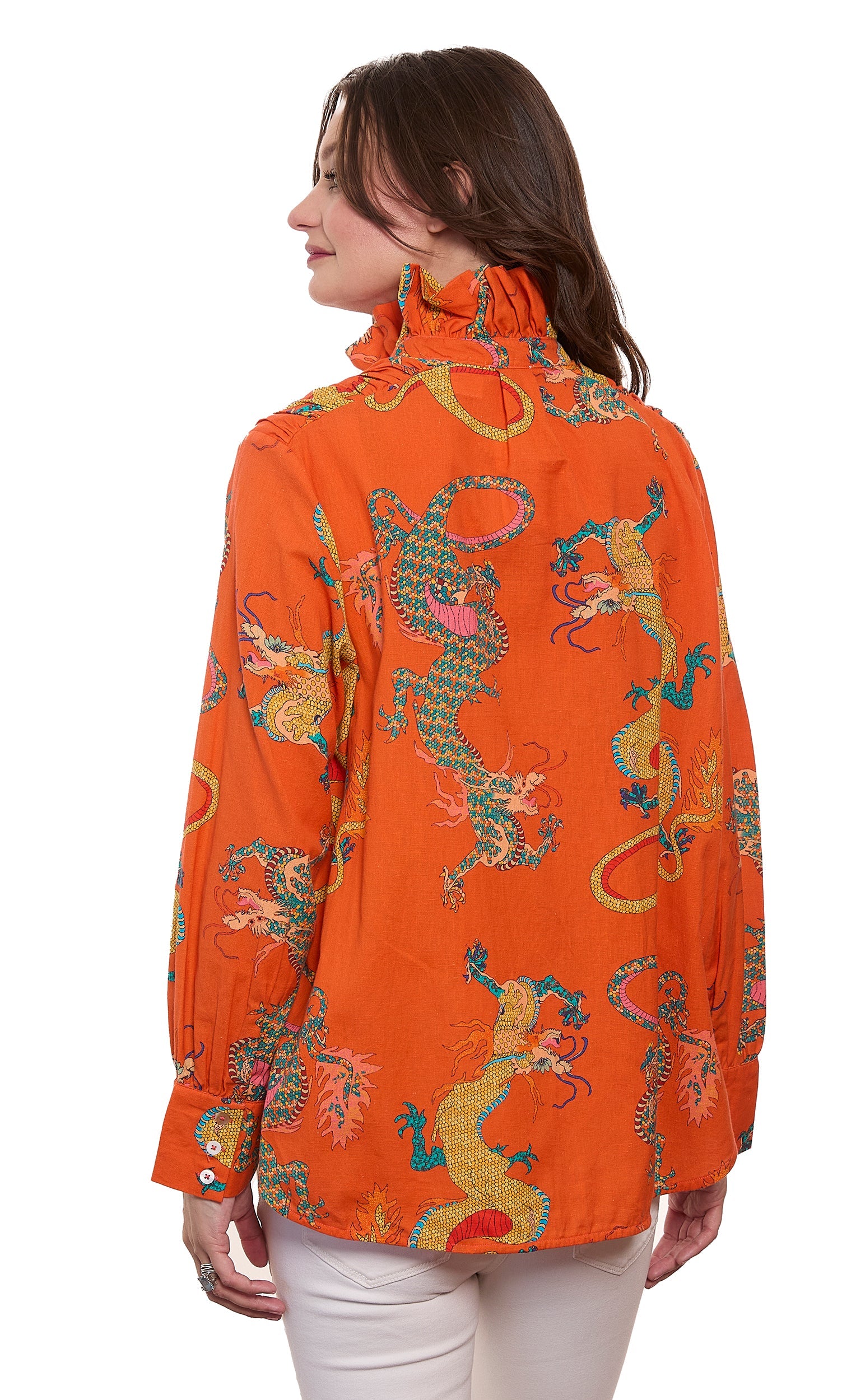 Sun Valley Oversized Shirt with Ruffle Collar Orange Dragon Print Cotton Linen - Glamourous Grace