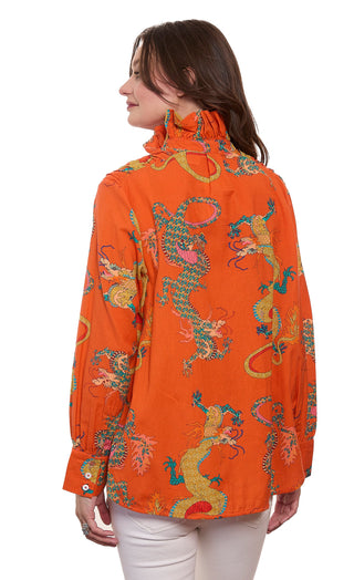 Sun Valley Oversized Shirt with Ruffle Collar Orange Dragon Print Cotton Linen - Glamourous Grace