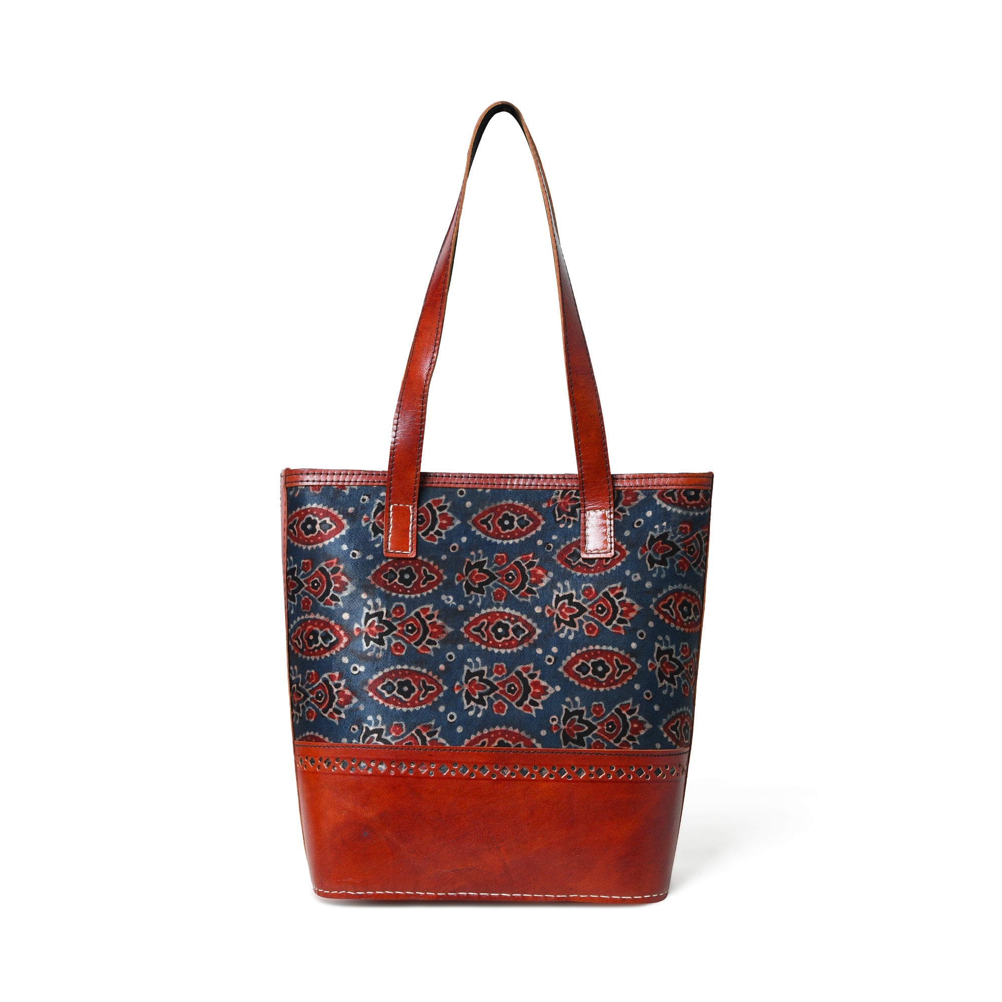 Neela Ajrakh Leather Tote Bag - Glamourous Grace