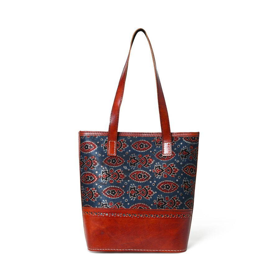 Neela Ajrakh Leather Tote Bag - Glamourous Grace