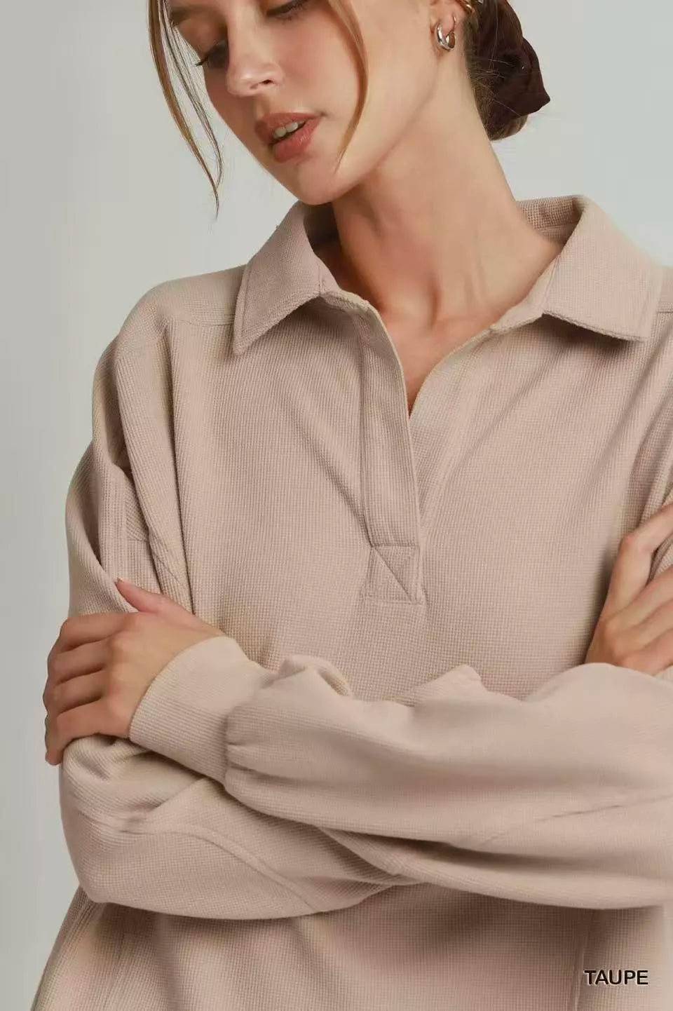 Umgee Brushed Waffle Polo Collared Pullover - Glamourous Grace