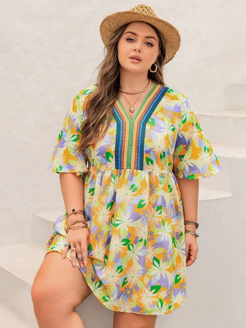 Plus Size Printed V-Neck Half Sleeve Mini Dress - Glamourous Grace