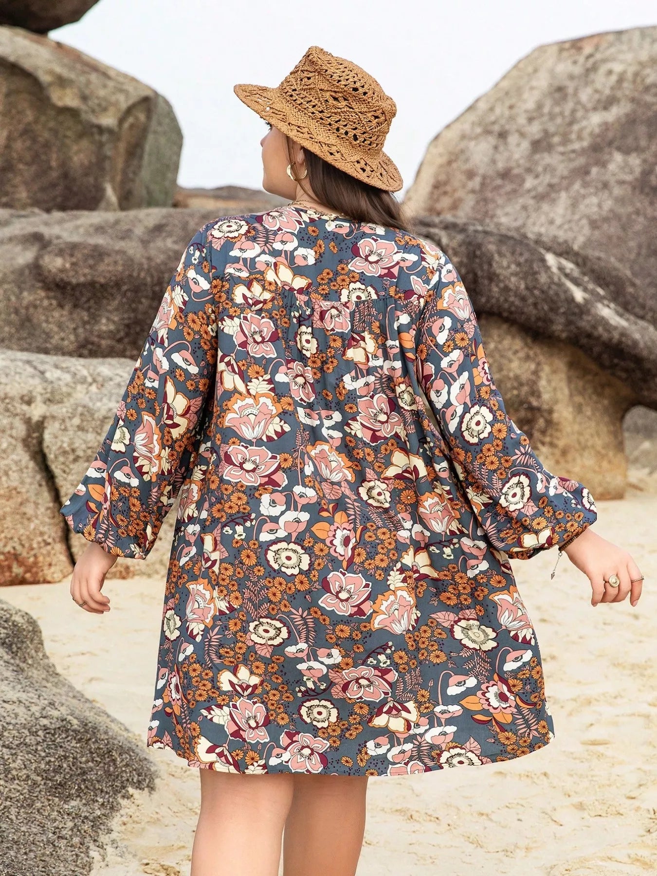 Plus Size Floral Print Long Sleeve Mini Dress - Glamourous Grace