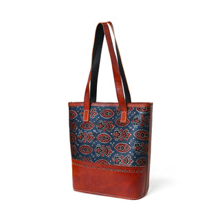 Neela Ajrakh Leather Tote Bag - Glamourous Grace