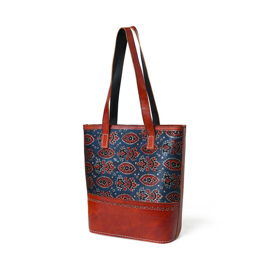Neela Ajrakh Leather Tote Bag - Glamourous Grace