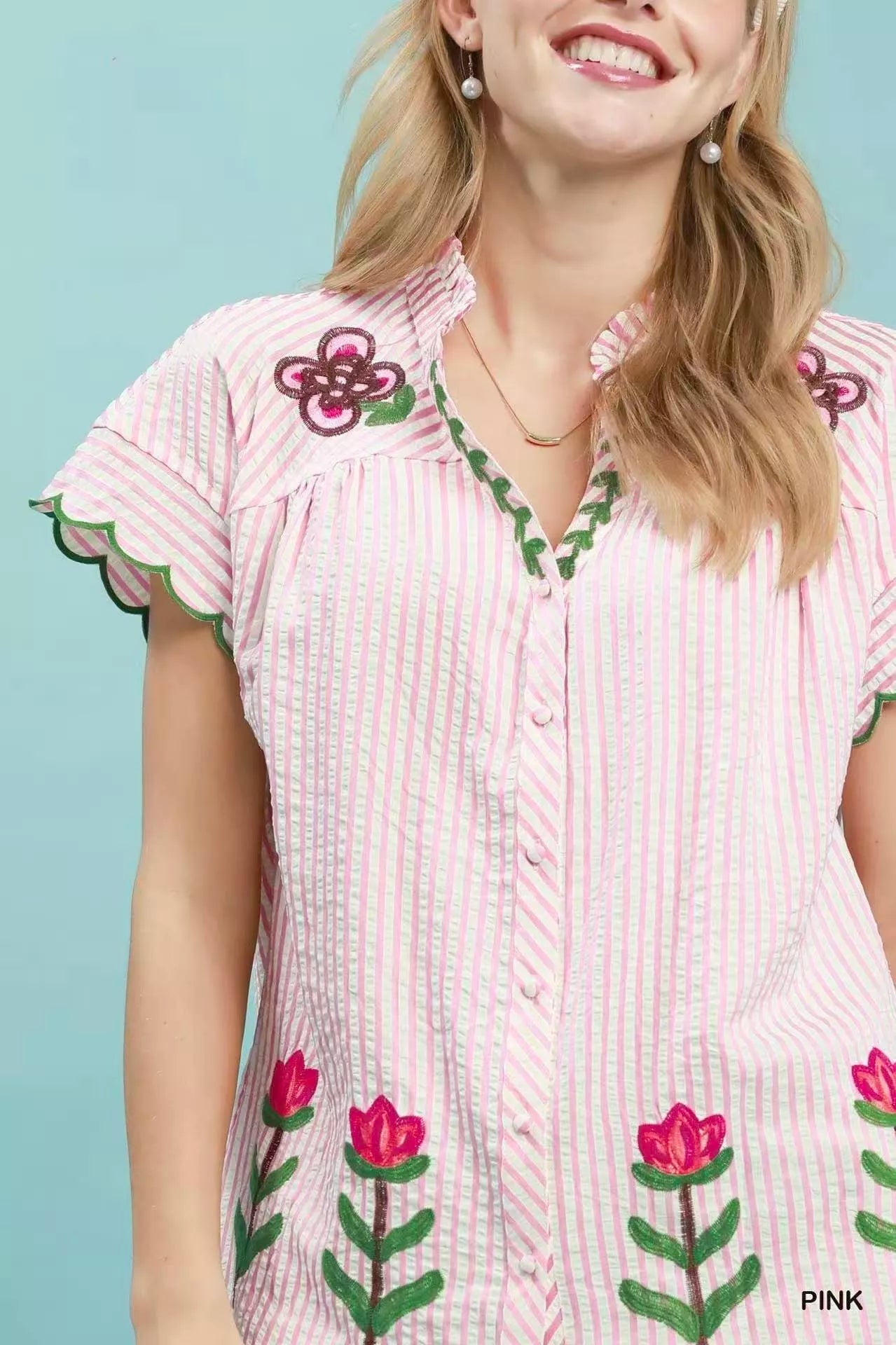 Umgee Embroidered Stripe Button Front Top - Glamourous Grace