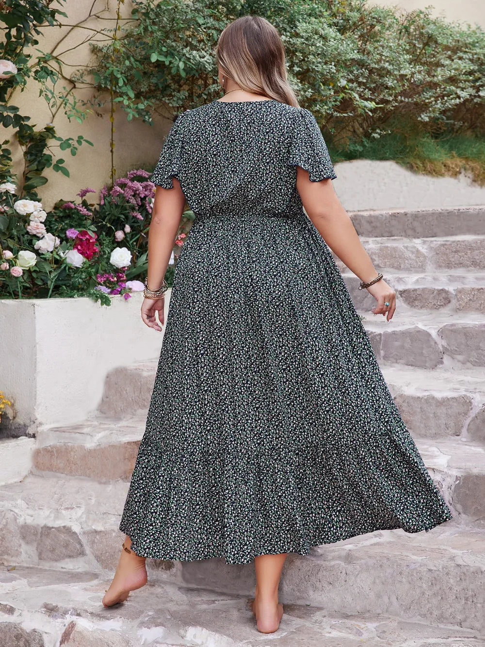 Plus Size Printed V-Neck Flutter Sleeve Midi Dress - Glamourous Grace
