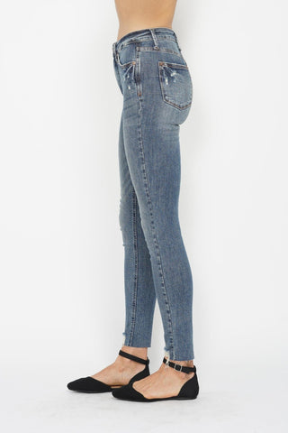 Judy Blue Tummy Control Vintage Wash Hem Destroy Blue Denim Skinny Jeans
