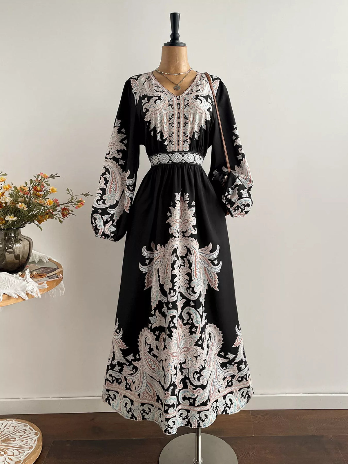 Plus Size Printed V-Neck Balloon Sleeve Dress - Glamourous Grace