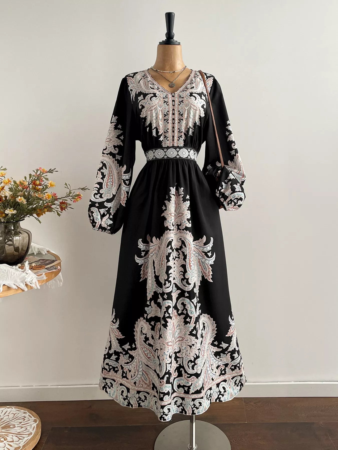 Plus Size Printed V-Neck Balloon Sleeve Dress - Glamourous Grace