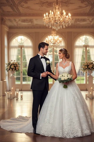 DeKlaire Bridal 489 Wedding Dress V-Neck A-Line Ball Gown - Glamourous Grace