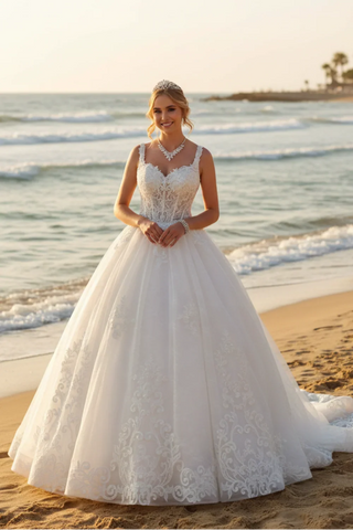 DeKlaire Bridal 489 Wedding Dress V-Neck A-Line Ball Gown - Glamourous Grace