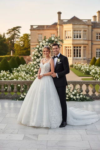 DeKlaire Bridal 489 Wedding Dress V-Neck A-Line Ball Gown - Glamourous Grace