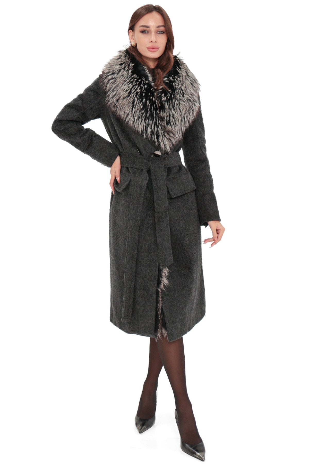 Genuine Silver Fox Cashmere Blend Coat