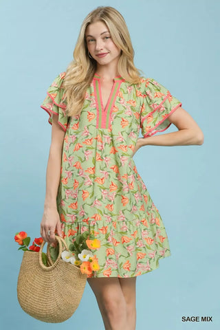 Umgee Floral Flutter Sleeve Tiered Dress - Glamourous Grace
