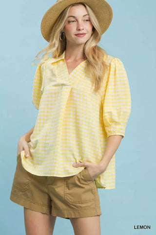 Umgee Gingham Puff Sleeve Collared Blouse - Glamourous Grace