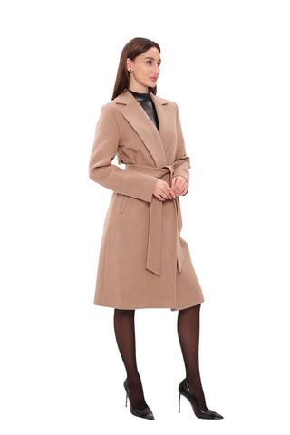 Geneva Classic Wraparound Wool Blend Overcoat in Camel