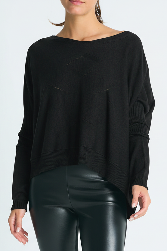 Pima Cotton Stitches Boatneck Sweater - Black - Glamourous Grace
