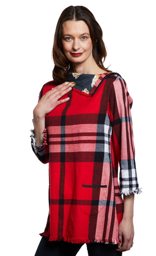 Aspen Cowl Neck Tunic With Fringe And Button Neck In Red Yarndyed Flannel Plaid - Glamourous Grace