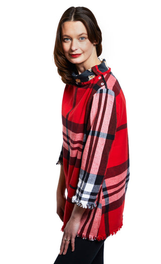 Aspen Cowl Neck Tunic With Fringe And Button Neck In Red Yarndyed Flannel Plaid - Glamourous Grace