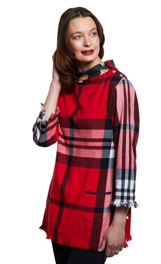 Aspen Cowl Neck Tunic With Fringe And Button Neck In Red Yarndyed Flannel Plaid - Glamourous Grace