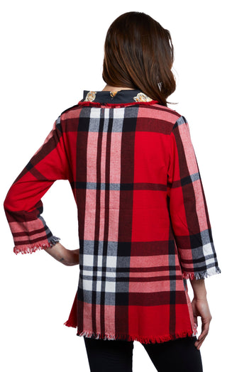 Aspen Cowl Neck Tunic With Fringe And Button Neck In Red Yarndyed Flannel Plaid - Glamourous Grace