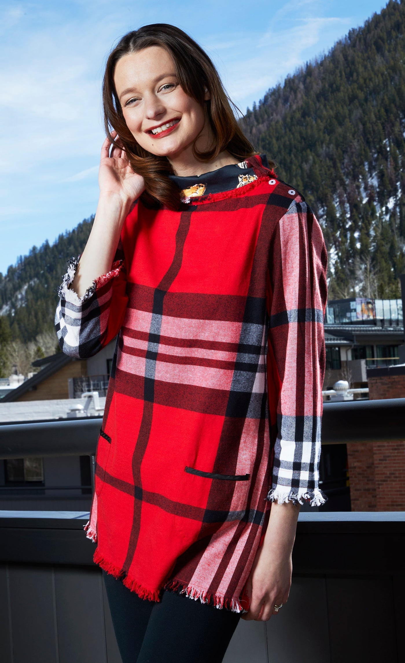 Aspen Cowl Neck Tunic With Fringe And Button Neck In Red Yarndyed Flannel Plaid - Glamourous Grace