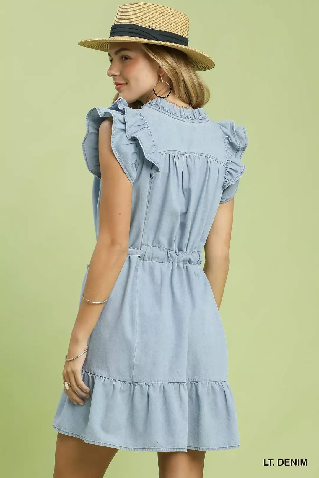 Umgee Chambray Ruffled Denim Dress with Side Pockets - Glamourous Grace