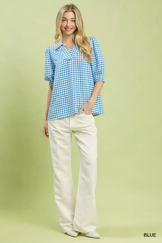 Umgee Gingham Puff Sleeve Collared Blouse - Glamourous Grace