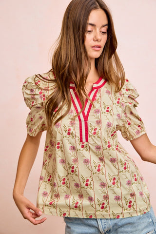 BiBi Floral Gather Sleeves Contrast Neckband Blouse Top - Glamourous Grace
