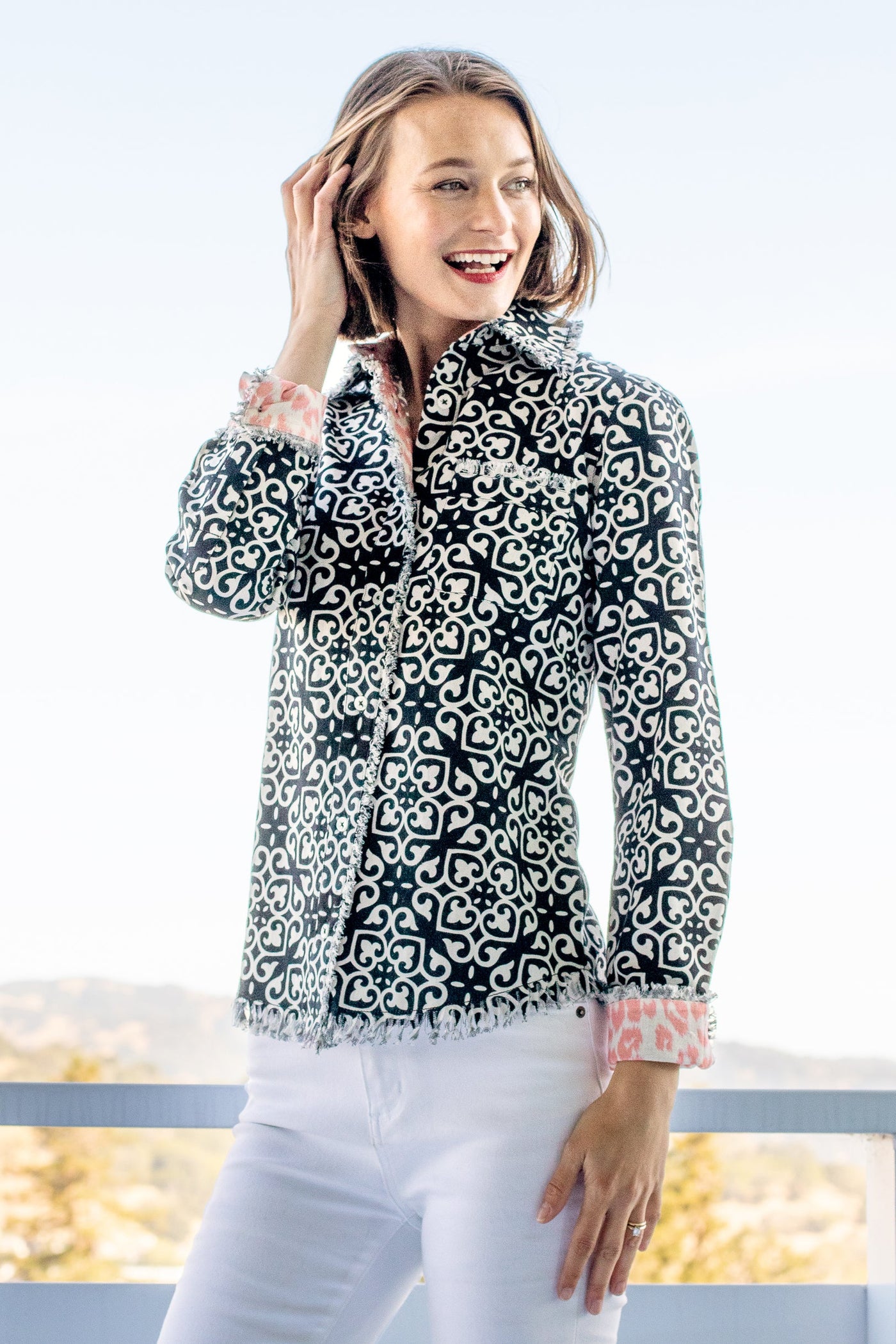 Cape Cod Shirt with Black & White Geometric Print - Glamourous Grace