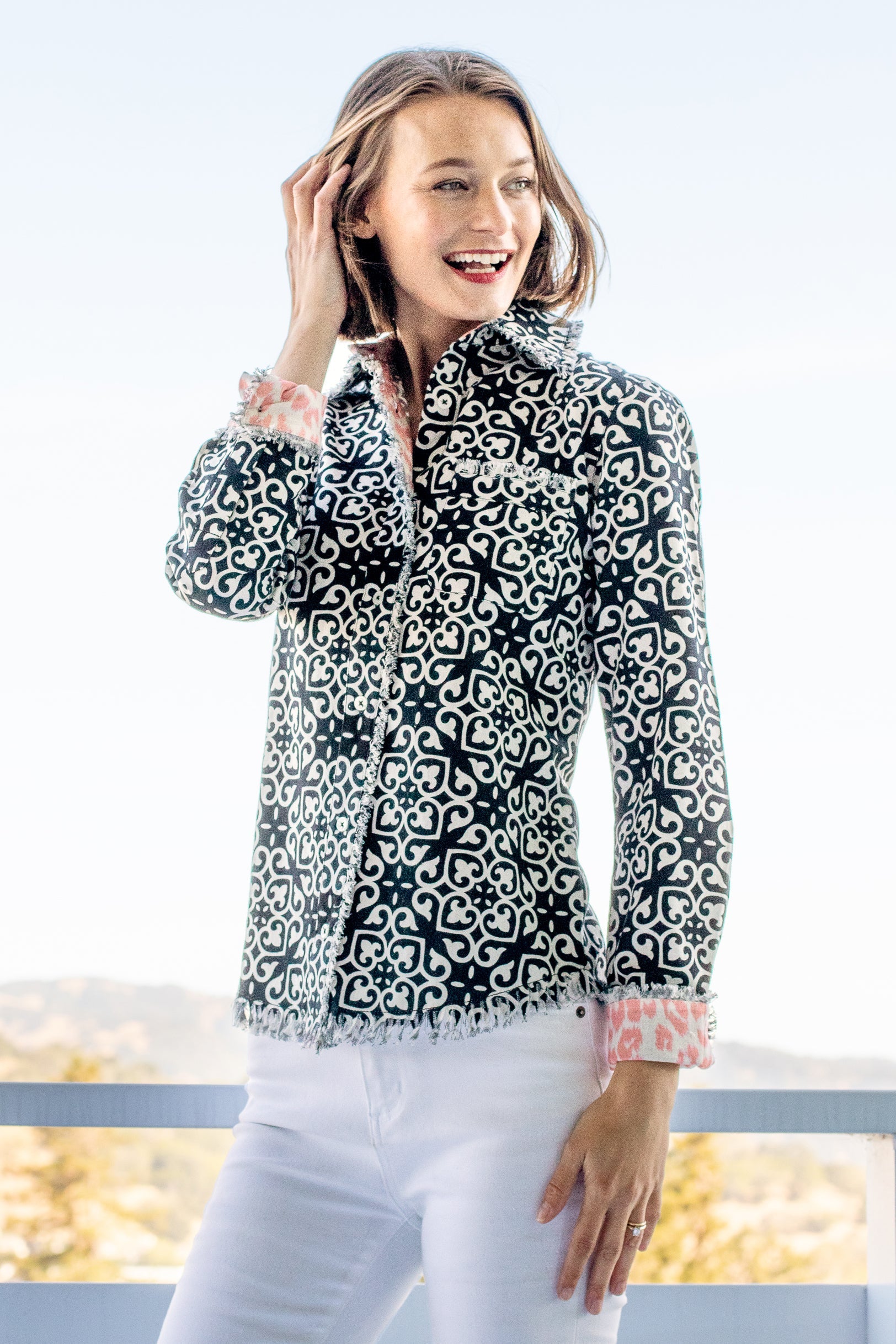 Cape Cod Shirt with Black & White Geometric Print - Glamourous Grace