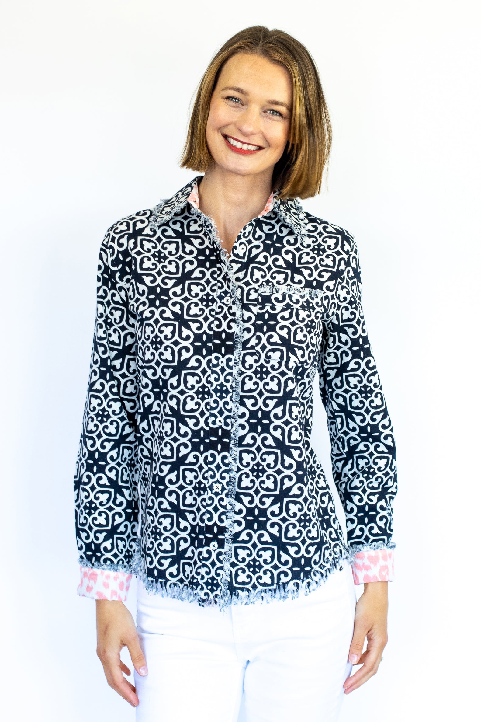 Cape Cod Shirt with Black & White Geometric Print - Glamourous Grace