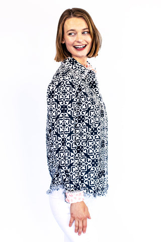 Cape Cod Shirt with Black & White Geometric Print - Glamourous Grace
