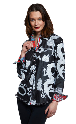 Cape Cod Tunic Black denim With White Dragons - Glamourous Grace
