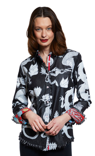 Cape Cod Tunic Black denim With White Dragons - Glamourous Grace