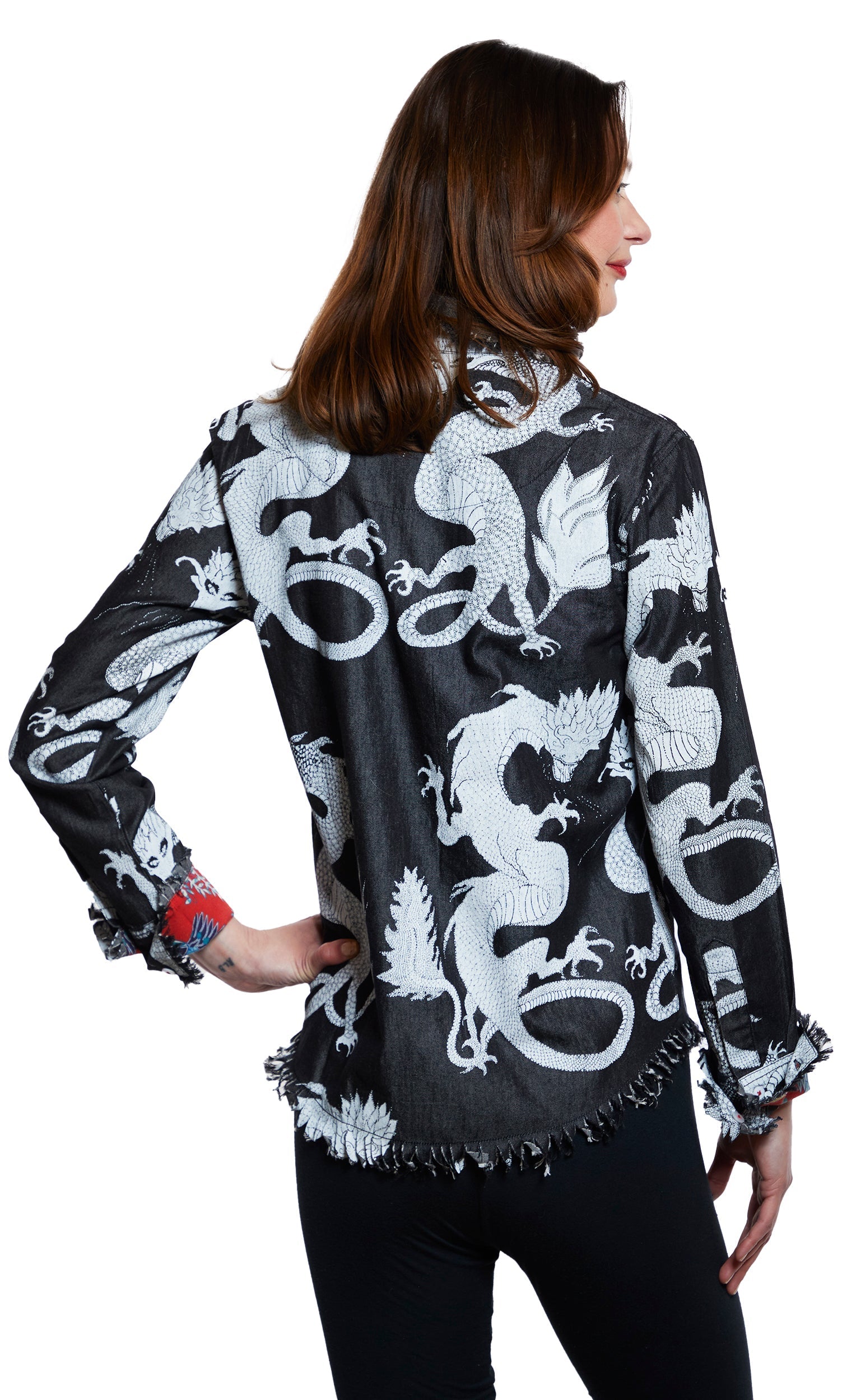 Cape Cod Tunic Black denim With White Dragons - Glamourous Grace