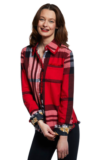 Cape Cod Tunic With Fringe Bottom In Red Yarndyed Flannel Plaid - Glamourous Grace