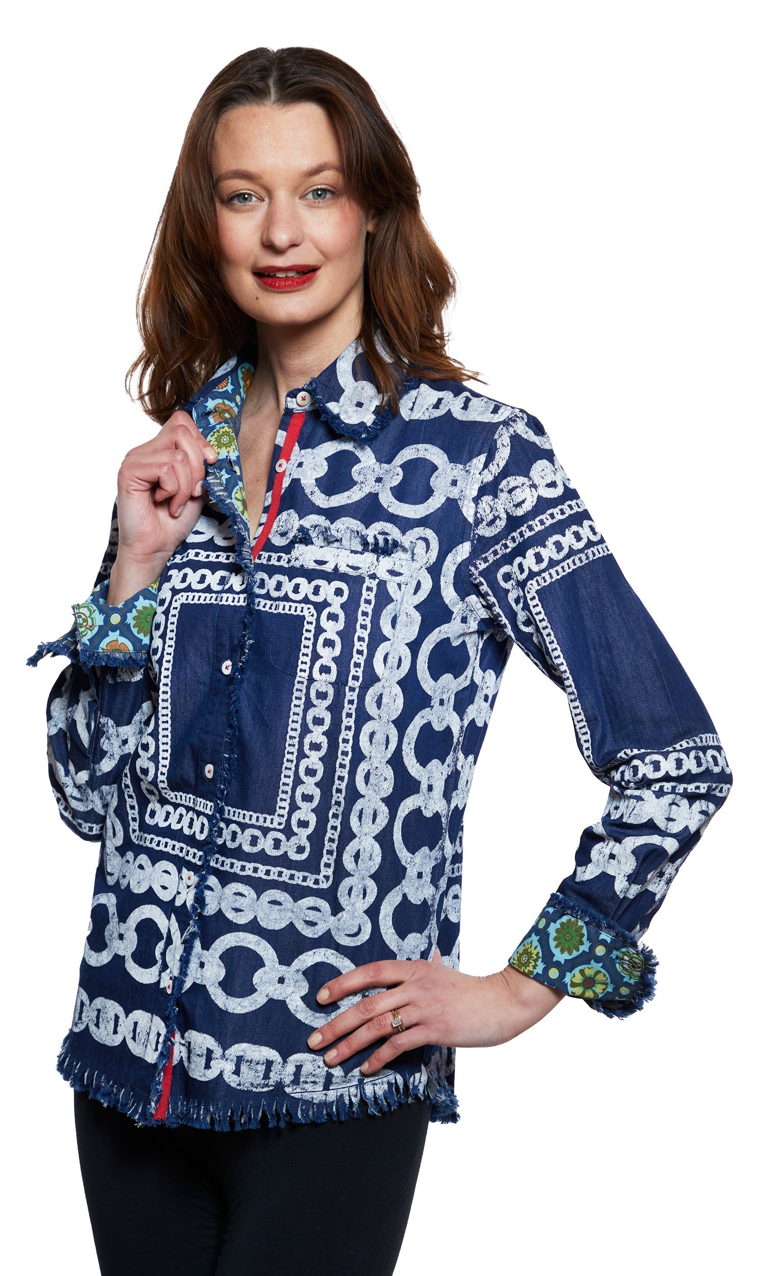 Cape Cod Tunic Denim With White Links Pattern - Glamourous Grace