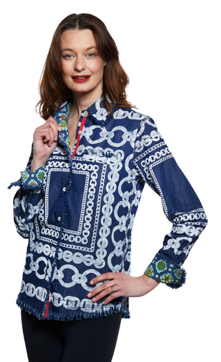 Cape Cod Tunic Denim With White Links Pattern - Glamourous Grace
