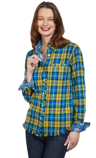 Cape Cod Tunic With Fringe Bottom In Indigo Blue Yarn Dyed Flannel Plaid - Glamourous Grace