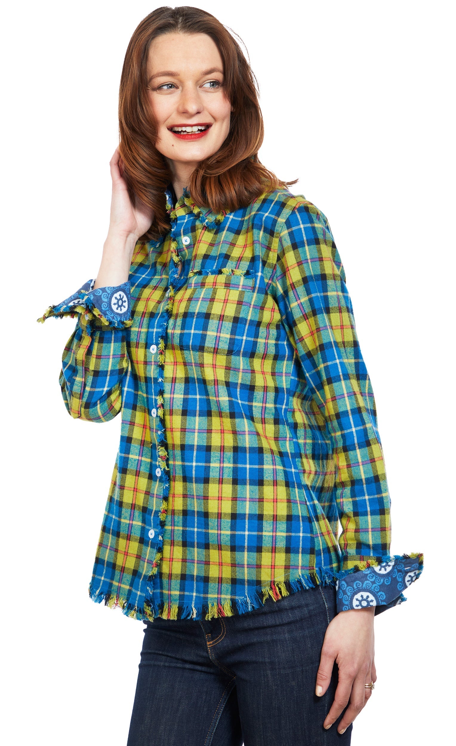 Cape Cod Tunic With Fringe Bottom In Indigo Blue Yarn Dyed Flannel Plaid - Glamourous Grace