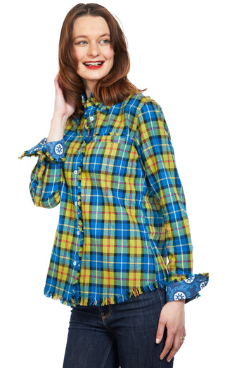 Cape Cod Tunic With Fringe Bottom In Indigo Blue Yarn Dyed Flannel Plaid - Glamourous Grace