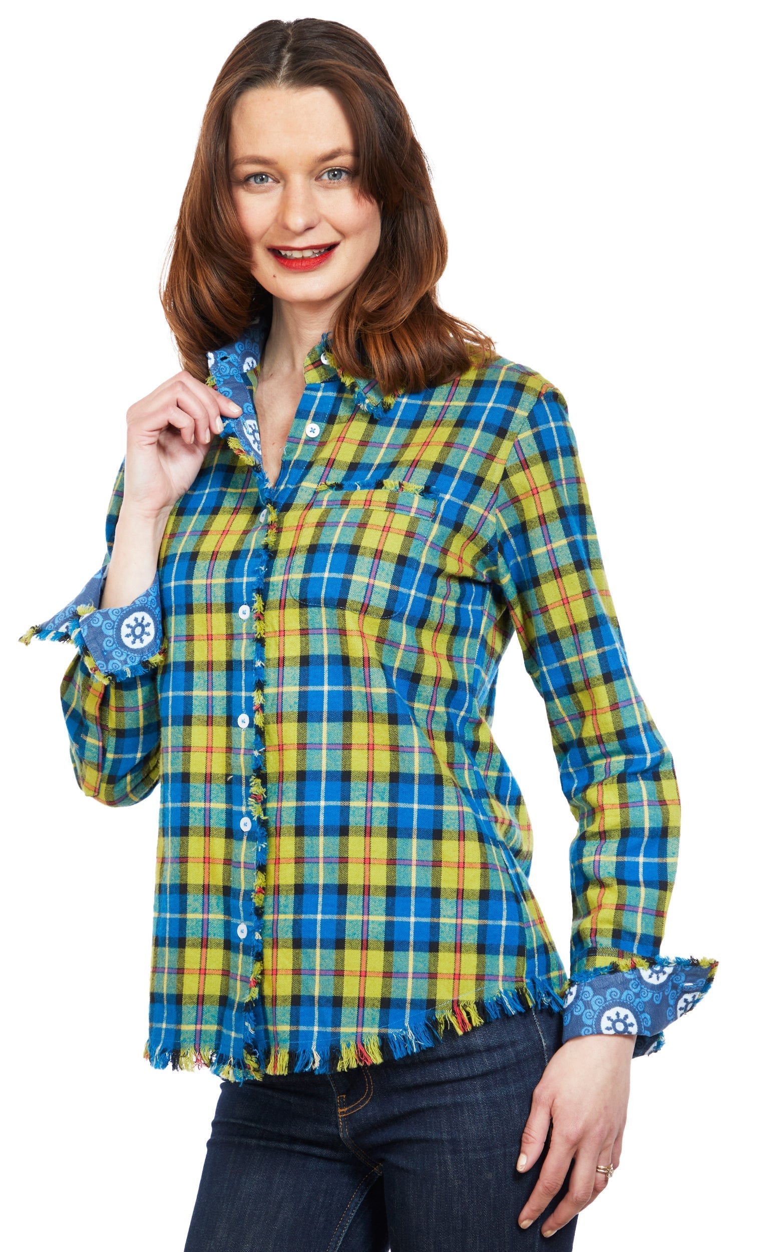 Cape Cod Tunic With Fringe Bottom In Indigo Blue Yarn Dyed Flannel Plaid - Glamourous Grace