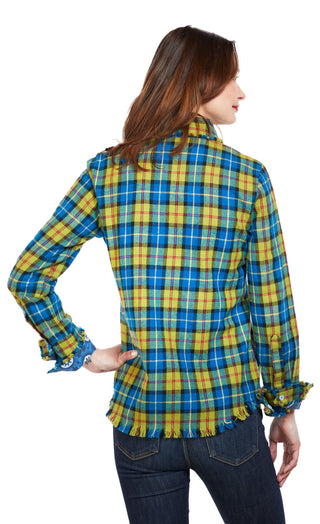 Cape Cod Tunic With Fringe Bottom In Indigo Blue Yarn Dyed Flannel Plaid - Glamourous Grace