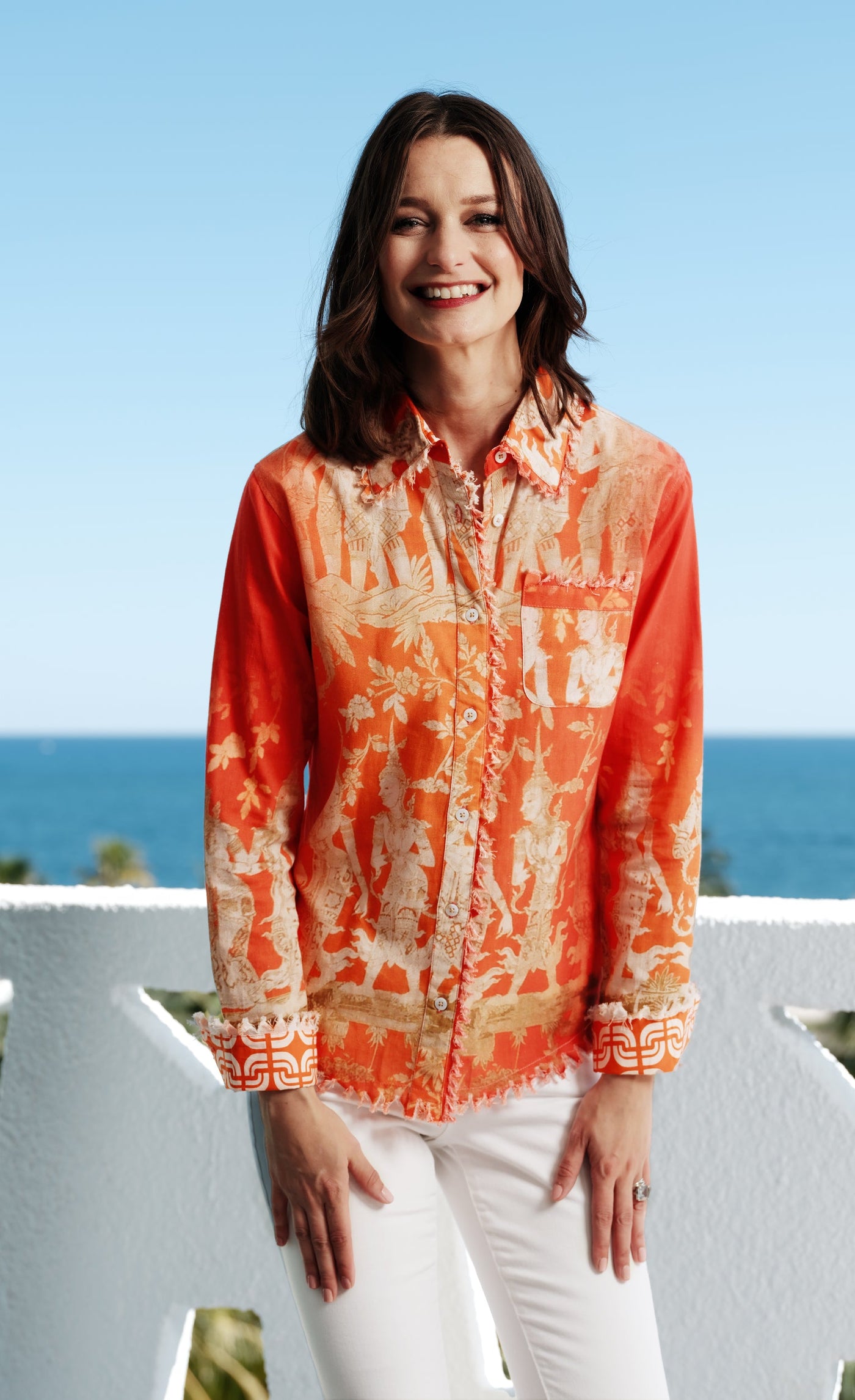Cape Cod Top Orange Gold Thai Dancers Print Cotton Linen - Glamourous Grace