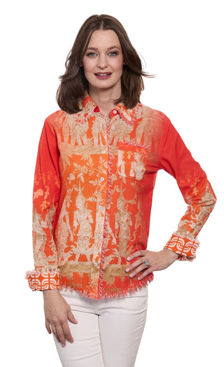 Cape Cod Top Orange Gold Thai Dancers Print Cotton Linen - Glamourous Grace